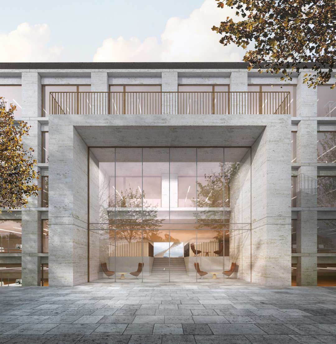 Repräsentativer Eingangsbereich des Büros HOM12 in Düsseldorf direkt am Rhein